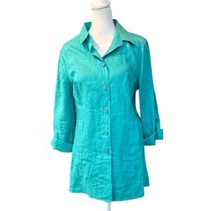 Carlisle 100% Linen Button Up Shirt Size 8 Turquoise 3/4‎ Sleeve Collar